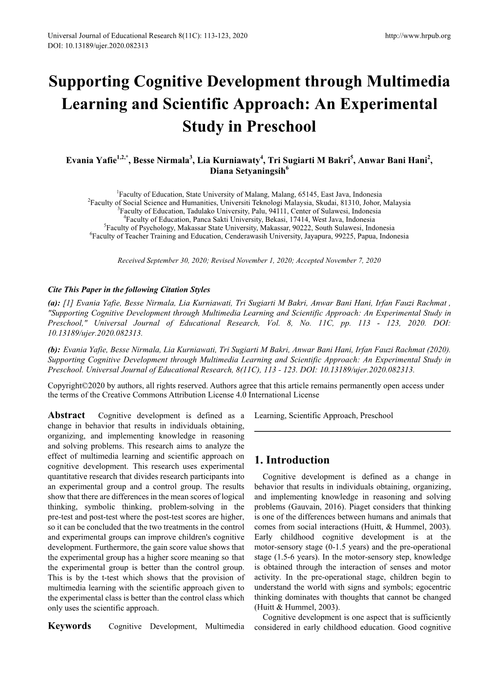 Supporting Cognitive Development Through Multimedia Learning and Scientific Approach: an Experimental Study in Preschool