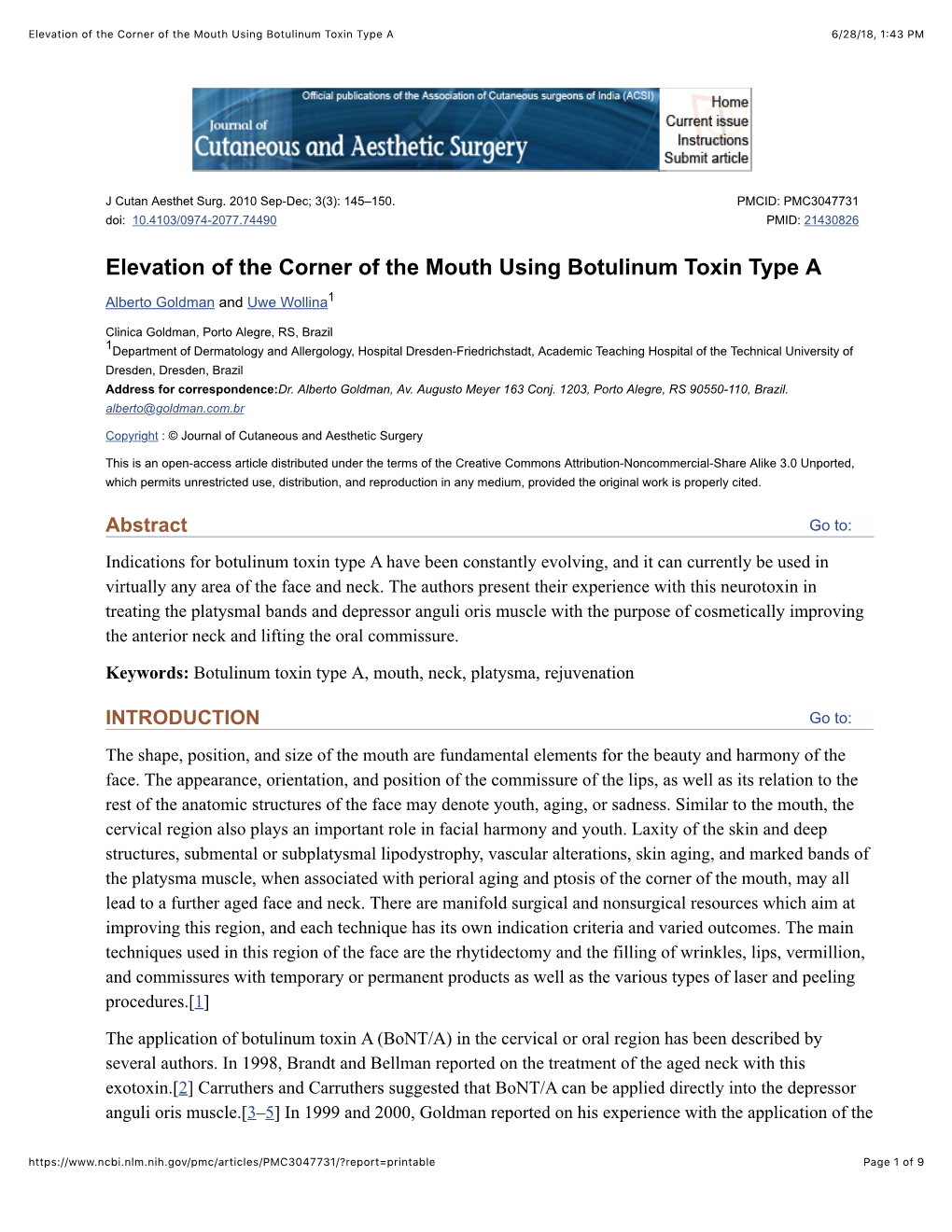 Elevation of the Corner of the Mouth Using Botulinum Toxin Type a 6/28/18, 1�43 PM