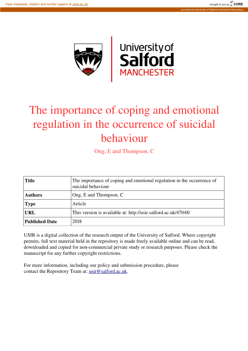 The Importance of Coping and Emotional Regulation in the Occurrence of Suicidal Behaviour Ong, E and Thompson, C