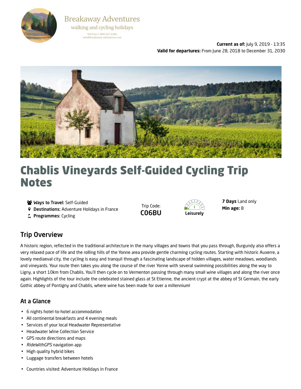 Chablis Vineyards Self-Guided Cycling Trip Notes