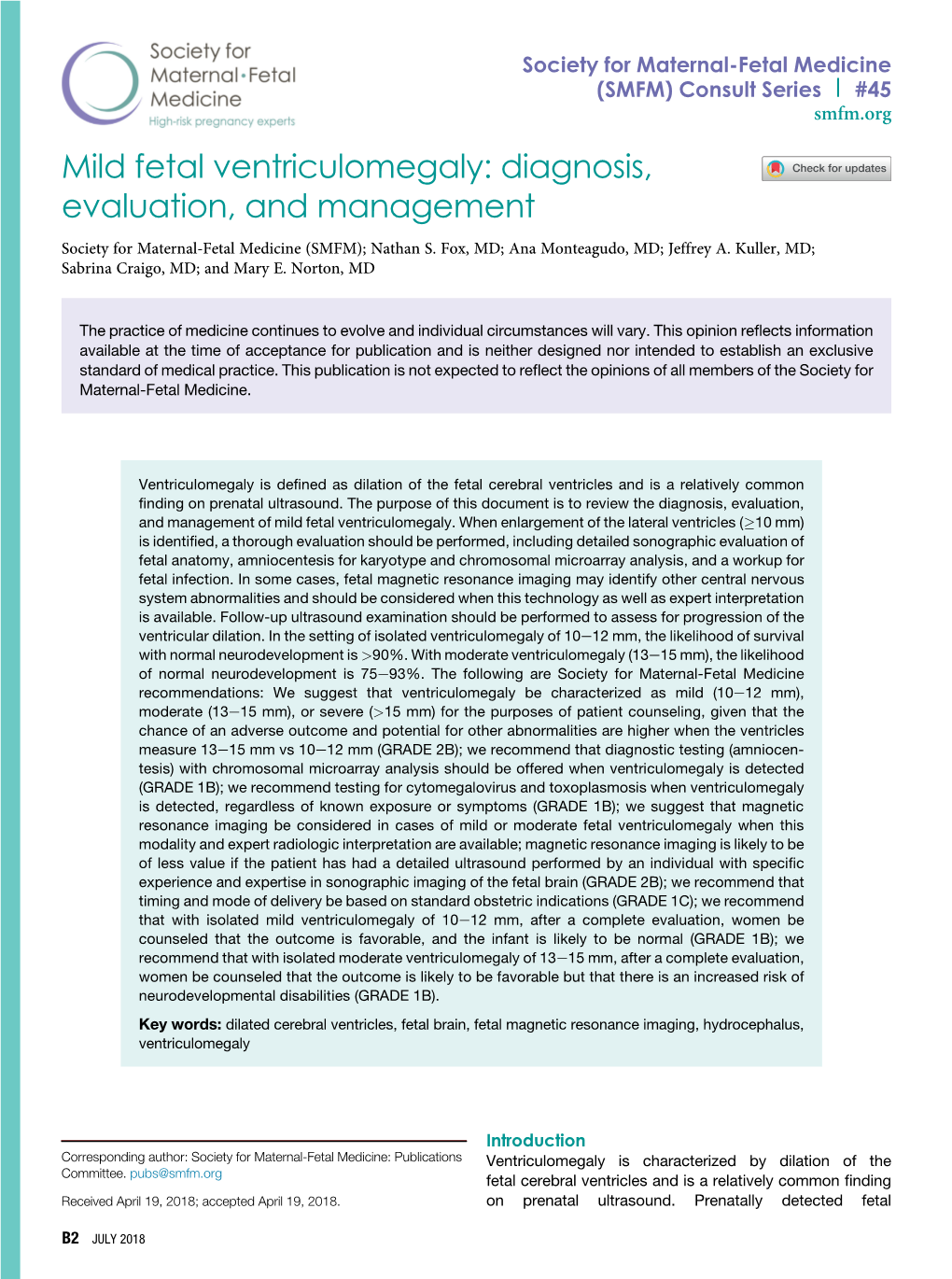 Mild Fetal Ventriculomegaly: Diagnosis, Evaluation, and Management