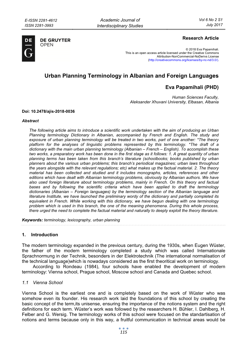 Urban Planning Terminology in Albanian and Foreign Languages