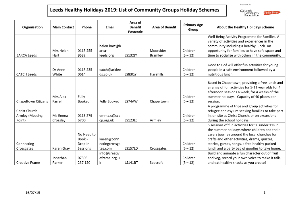 Leeds Healthy Holidays 2019: List of Community Groups Holiday Schemes