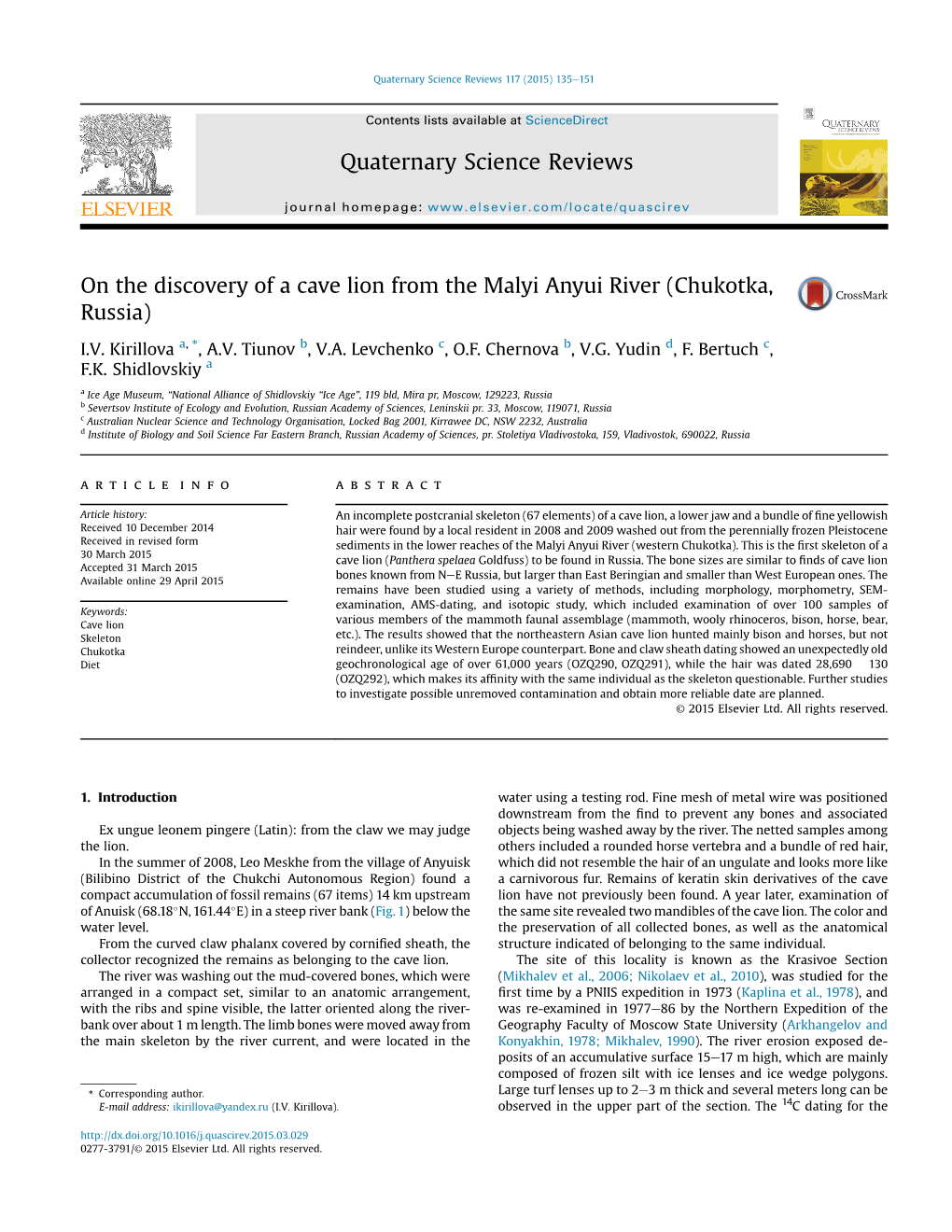 On the Discovery of a Cave Lion from the Malyi Anyui River (Chukotka, Russia)