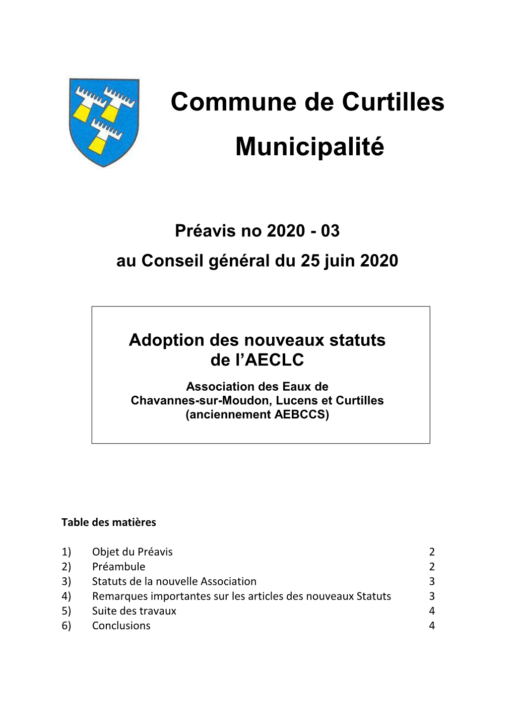 Préavis Municipal Pour L'adoption Des Statuts De L'aeclc Pour