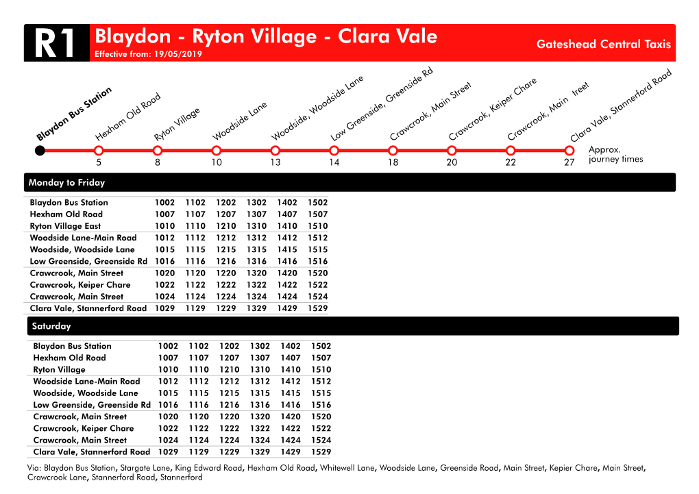 Blaydon - Ryton Village - Clara Vale Gateshead Central Taxis R1 Effective From: 19/05/2019