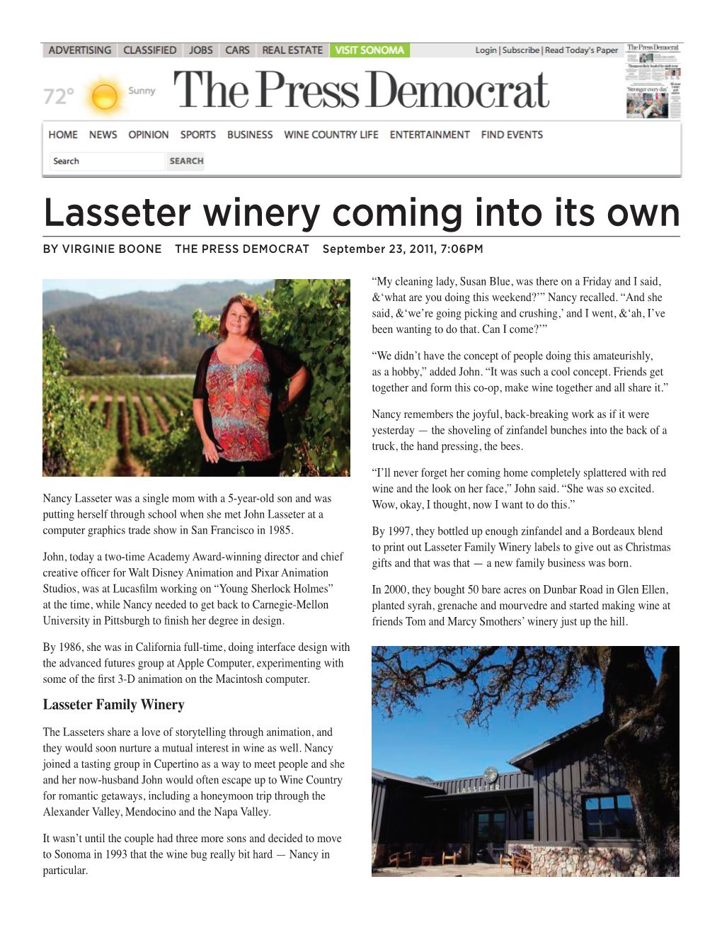 Lasseter Winery Coming Into Its Own by VIRGINIE BOONE the PRESS DEMOCRAT September 23, 2011, 7:06PM