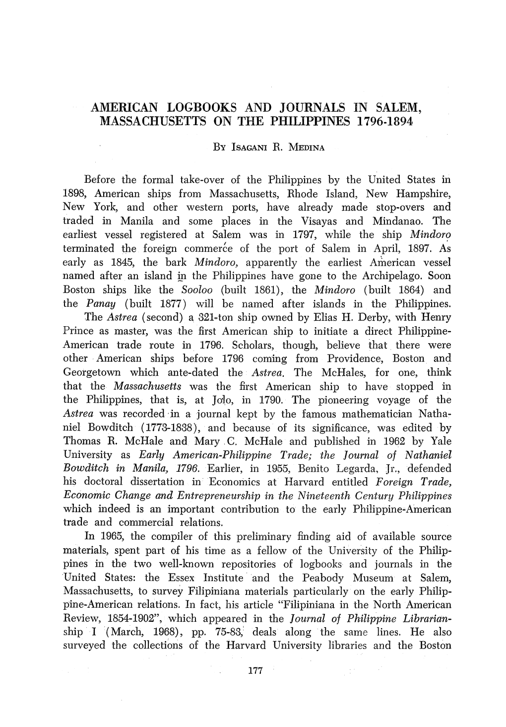 American Logbooks and Journals in Salem, Massachusetts on the Philippines 1796-1894