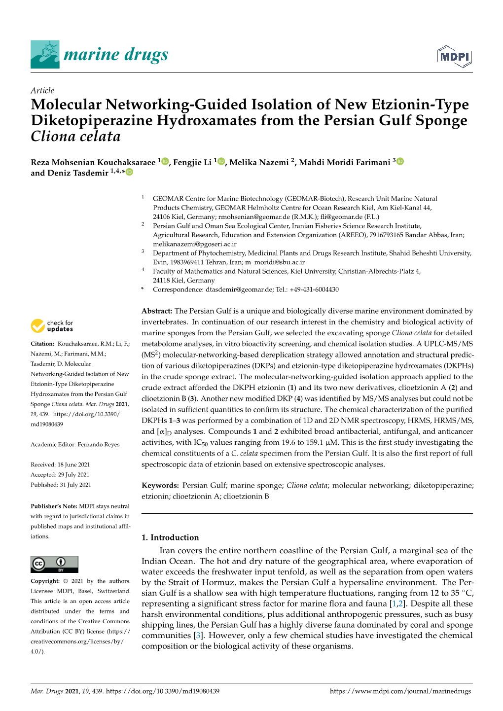 Molecular Networking-Guided Isolation of New Etzionin-Type Diketopiperazine Hydroxamates from the Persian Gulf Sponge Cliona Celata