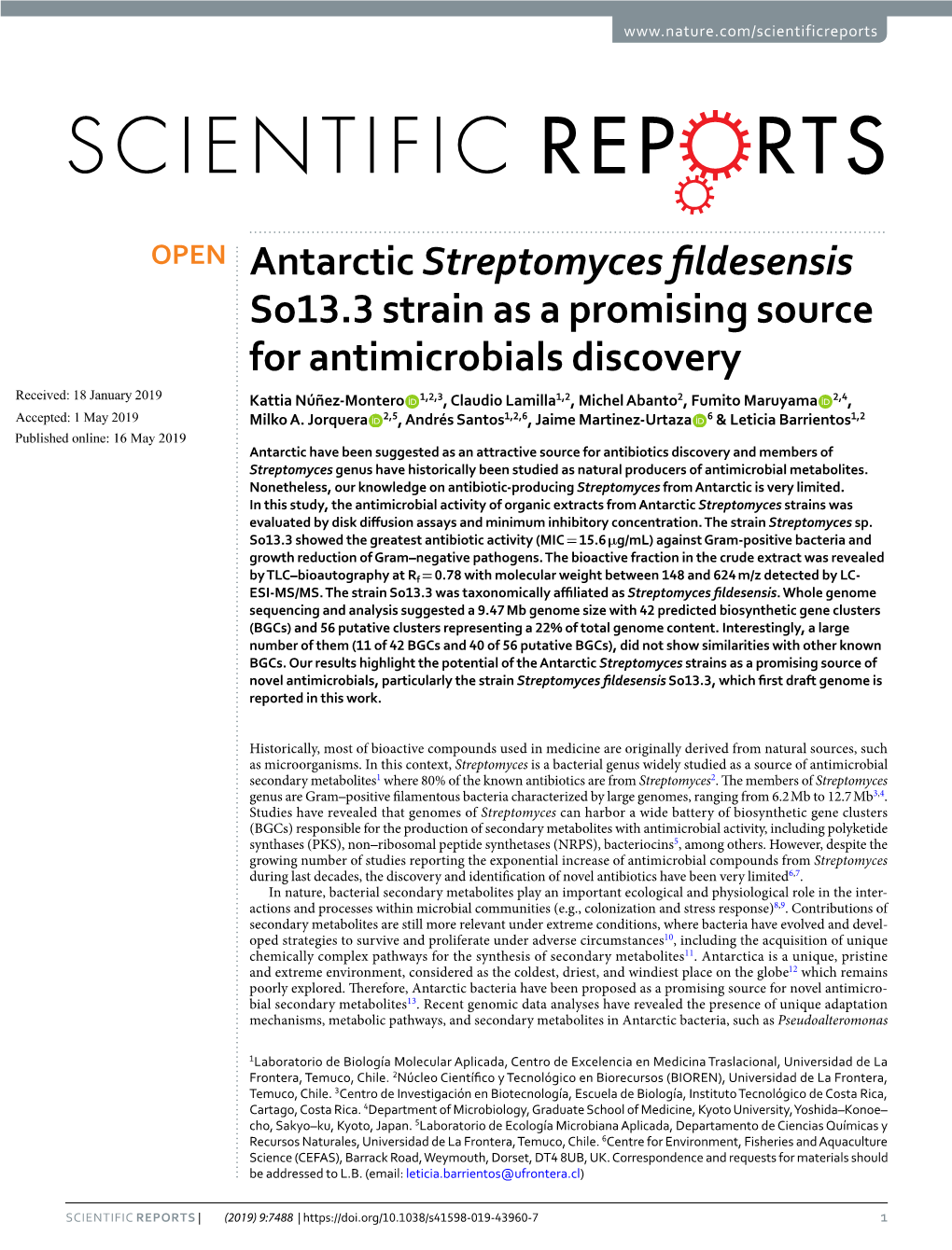 Antarctic Streptomyces Fildesensis So13.3 Strain As a Promising Source