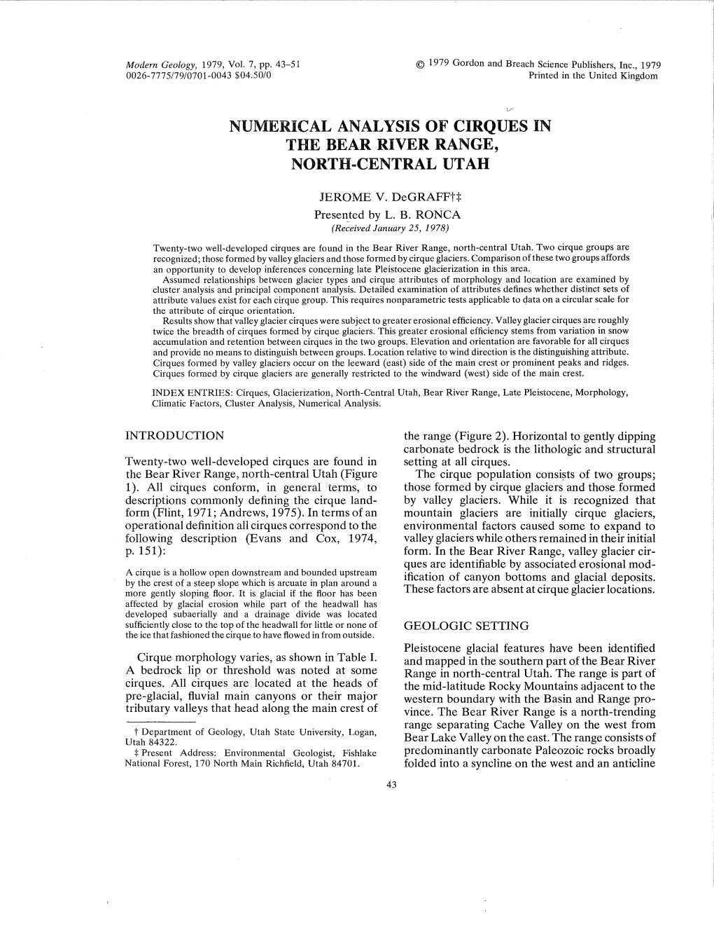 Numerical Analysis of Cirques in the Bear River Range, North-Central Utah