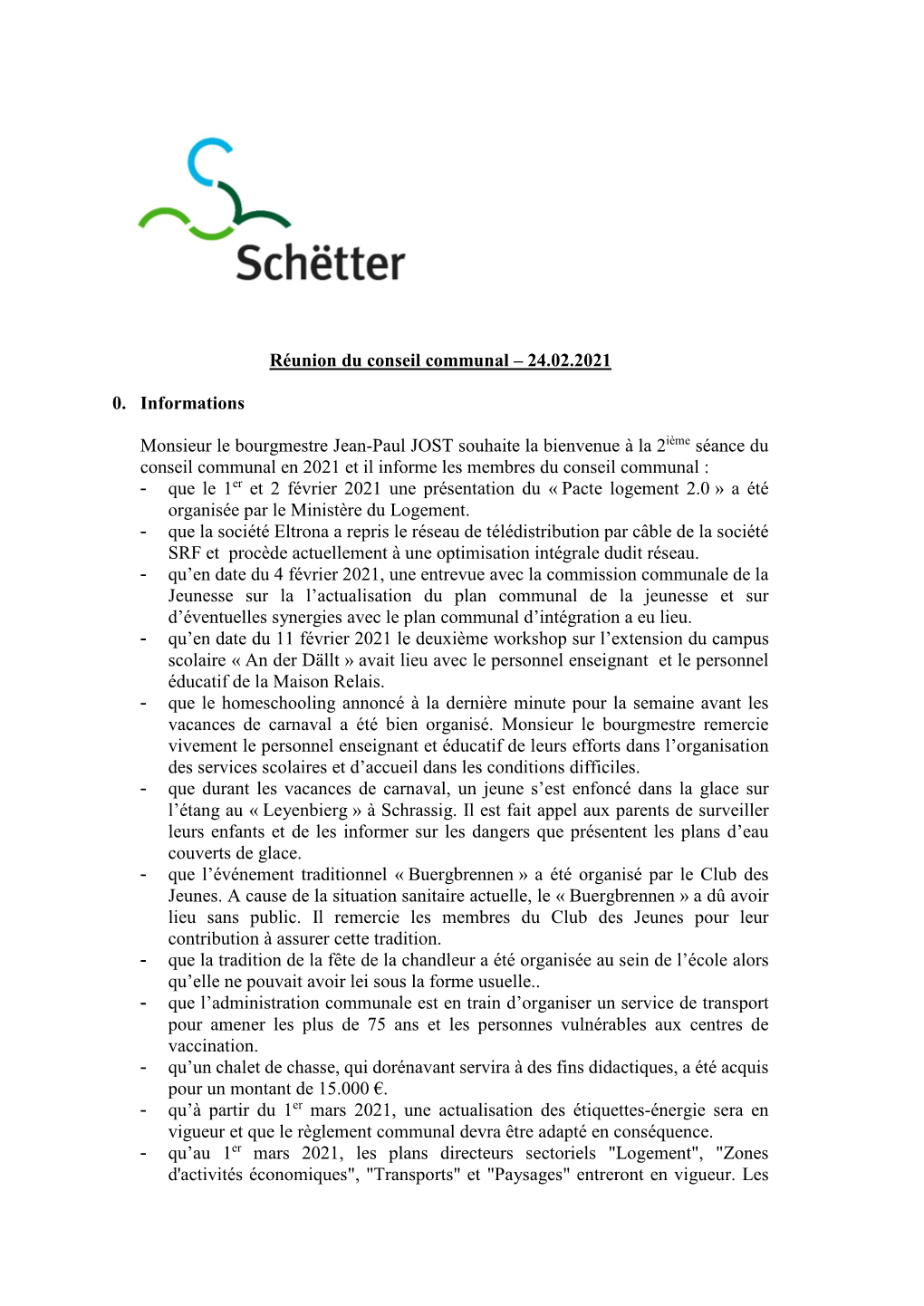 Réunion Du Conseil Communal – 24.02.2021