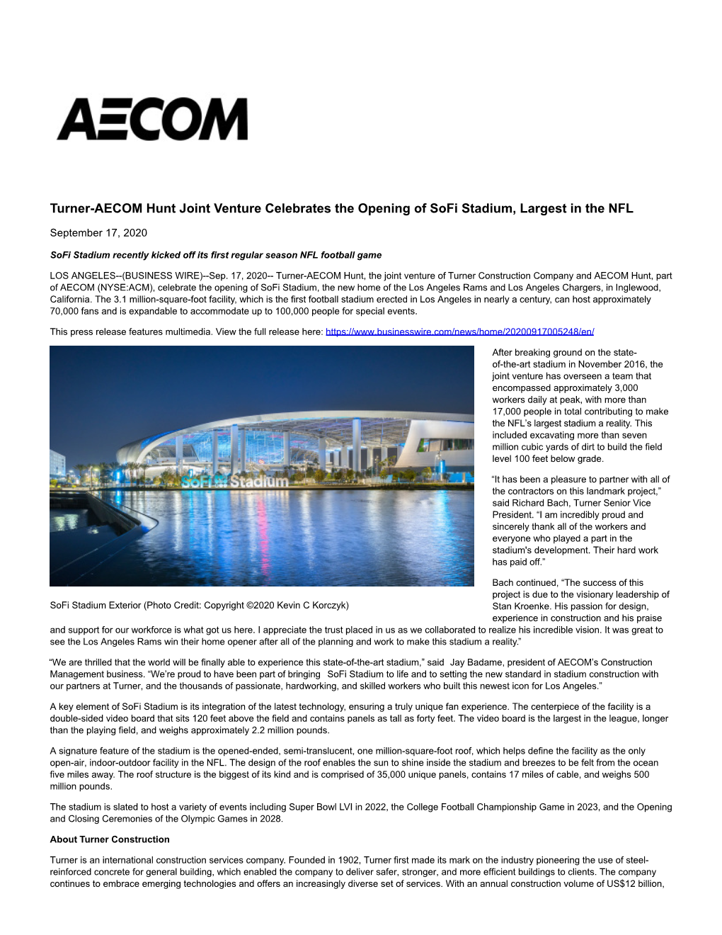 Turner-AECOM Hunt Joint Venture Celebrates the Opening of Sofi Stadium, Largest in the NFL