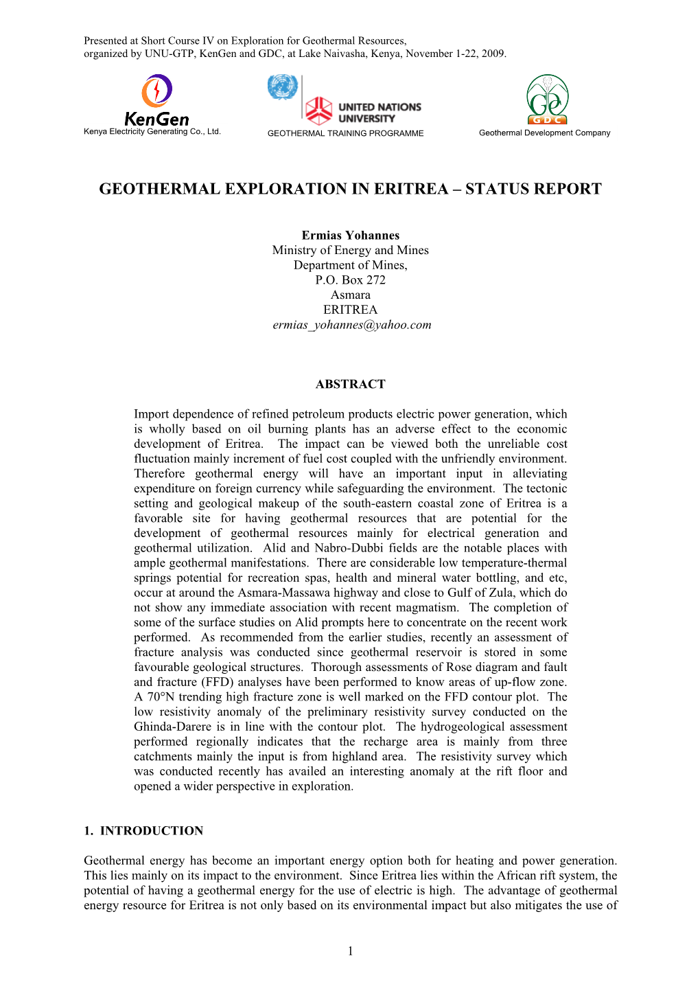 Geothermal Exploration in Eritrea – Status Report