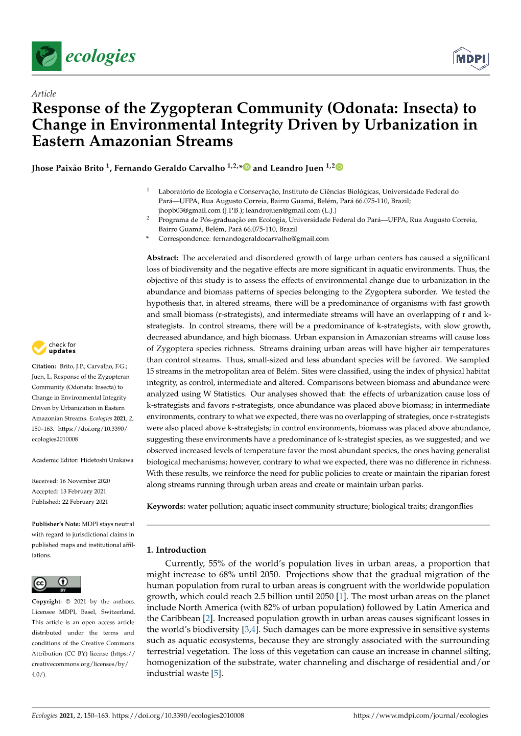 Odonata: Insecta) to Change in Environmental Integrity Driven by Urbanization in Eastern Amazonian Streams