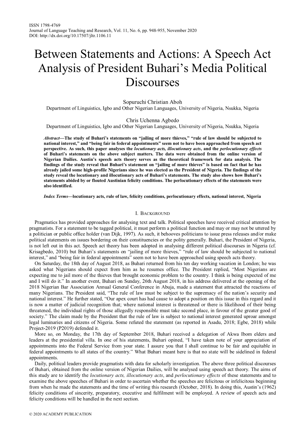 A Speech Act Analysis of President Buhari's