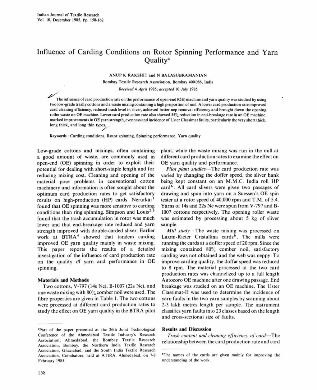 Influence of Carding Conditions on Rotor Spinning Performance and Yarn Quality"