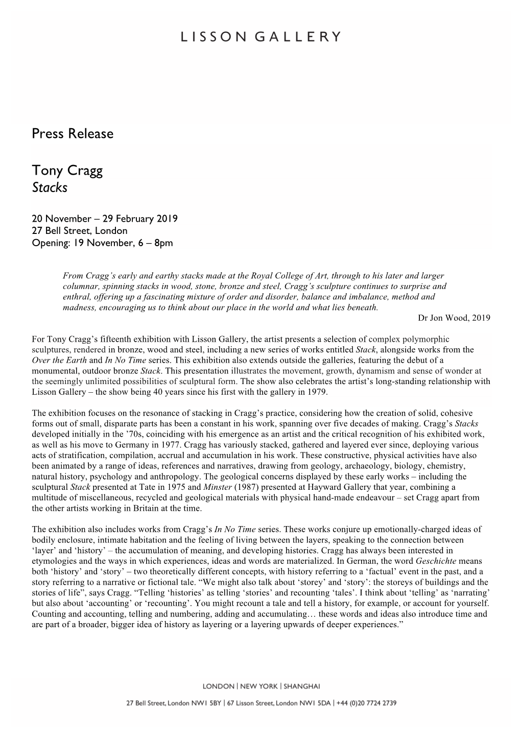 Press Release Tony Cragg Stacks