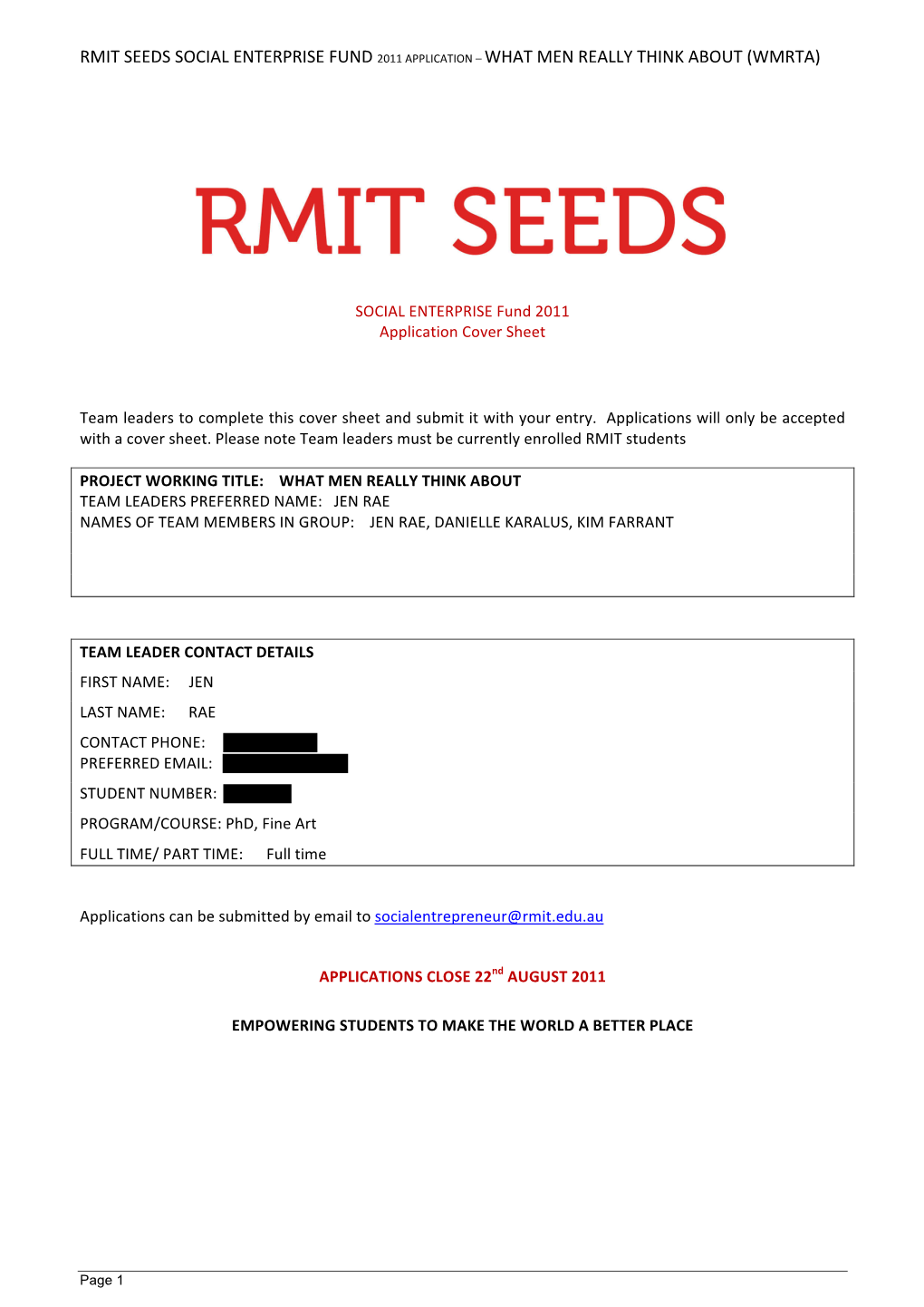 Rmit Seeds Social Enterprise Fund 2011 Application – What Men Really Think About (Wmrta)