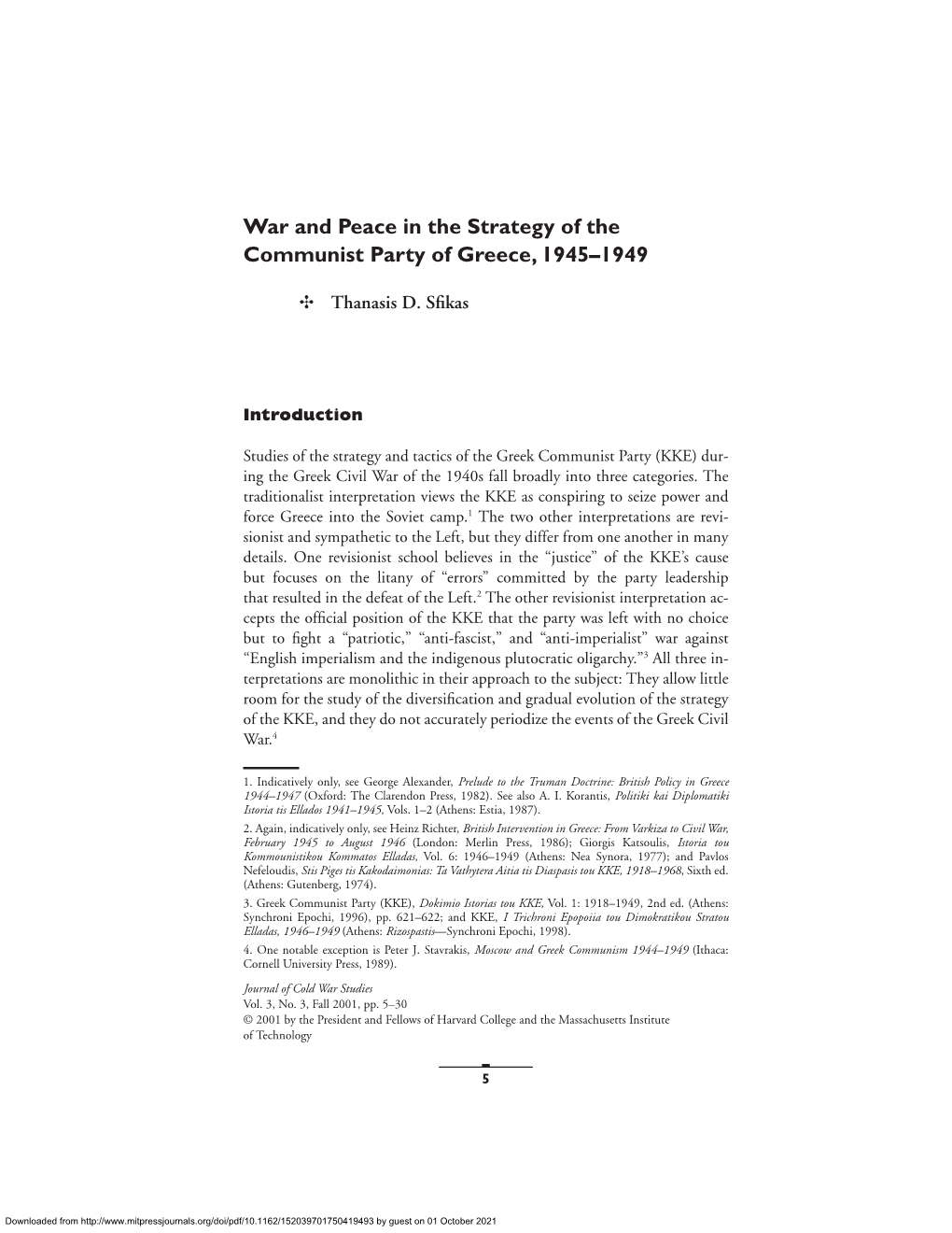 War and Peace in the Strategy of the Communist Party of Greece, 1945–1949