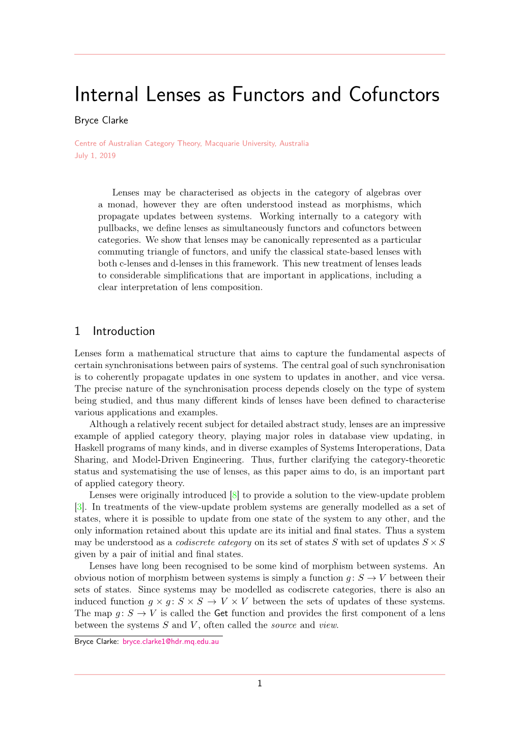 Internal Lenses As Functors and Cofunctors Bryce Clarke