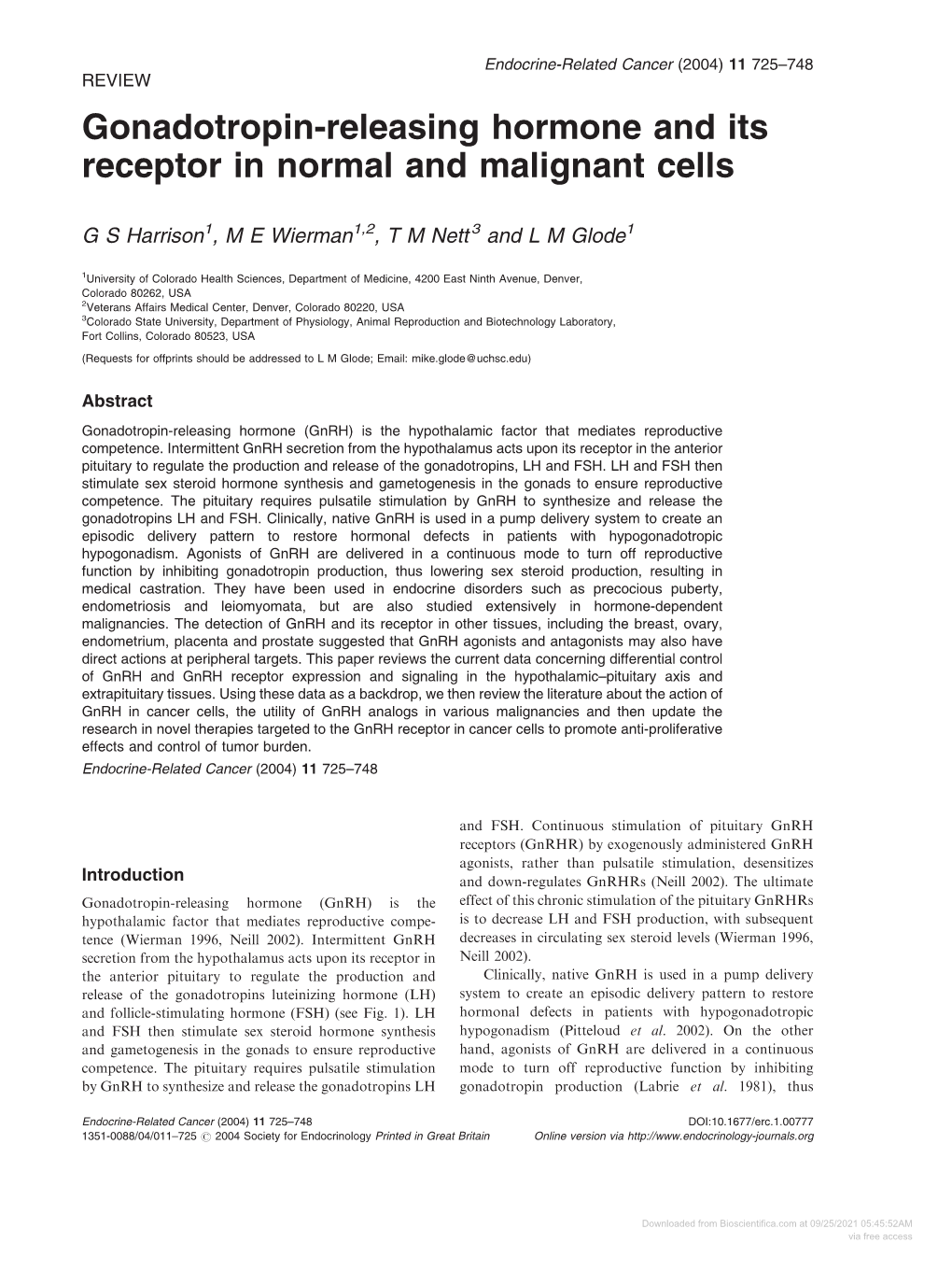 Gonadotropin-Releasing Hormone and Its Receptor in Normal and Malignant Cells