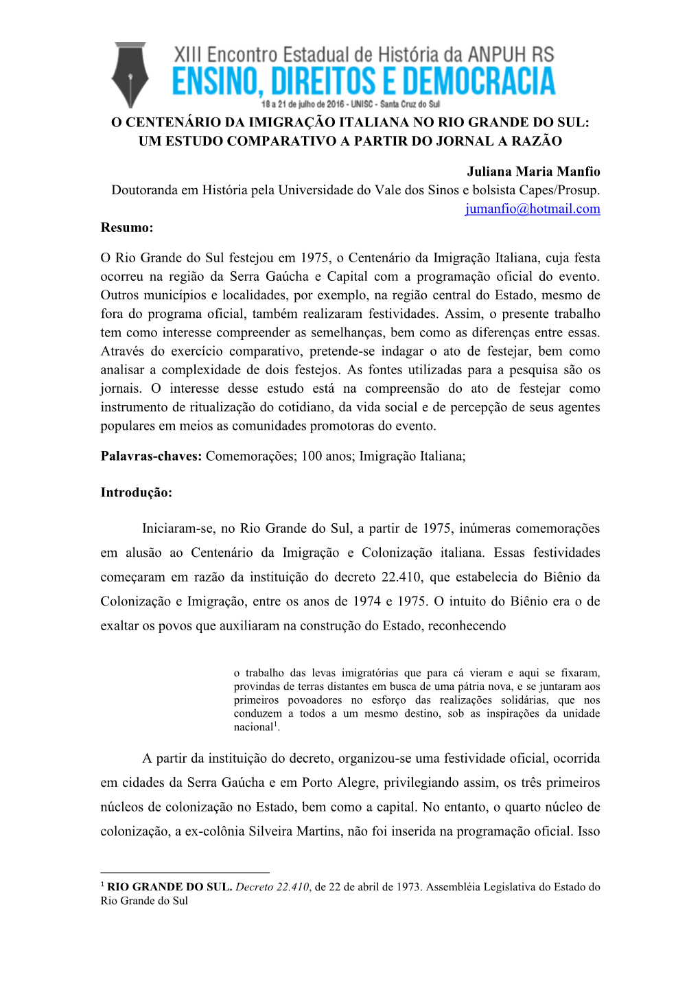 O Centenário Da Imigração Italiana No Rio Grande Do Sul: Um Estudo Comparativo a Partir Do Jornal a Razão