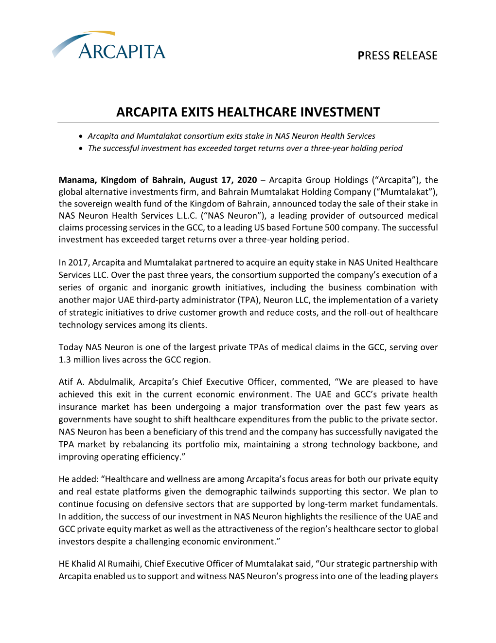 Arcapita Exits Healthcare Investment
