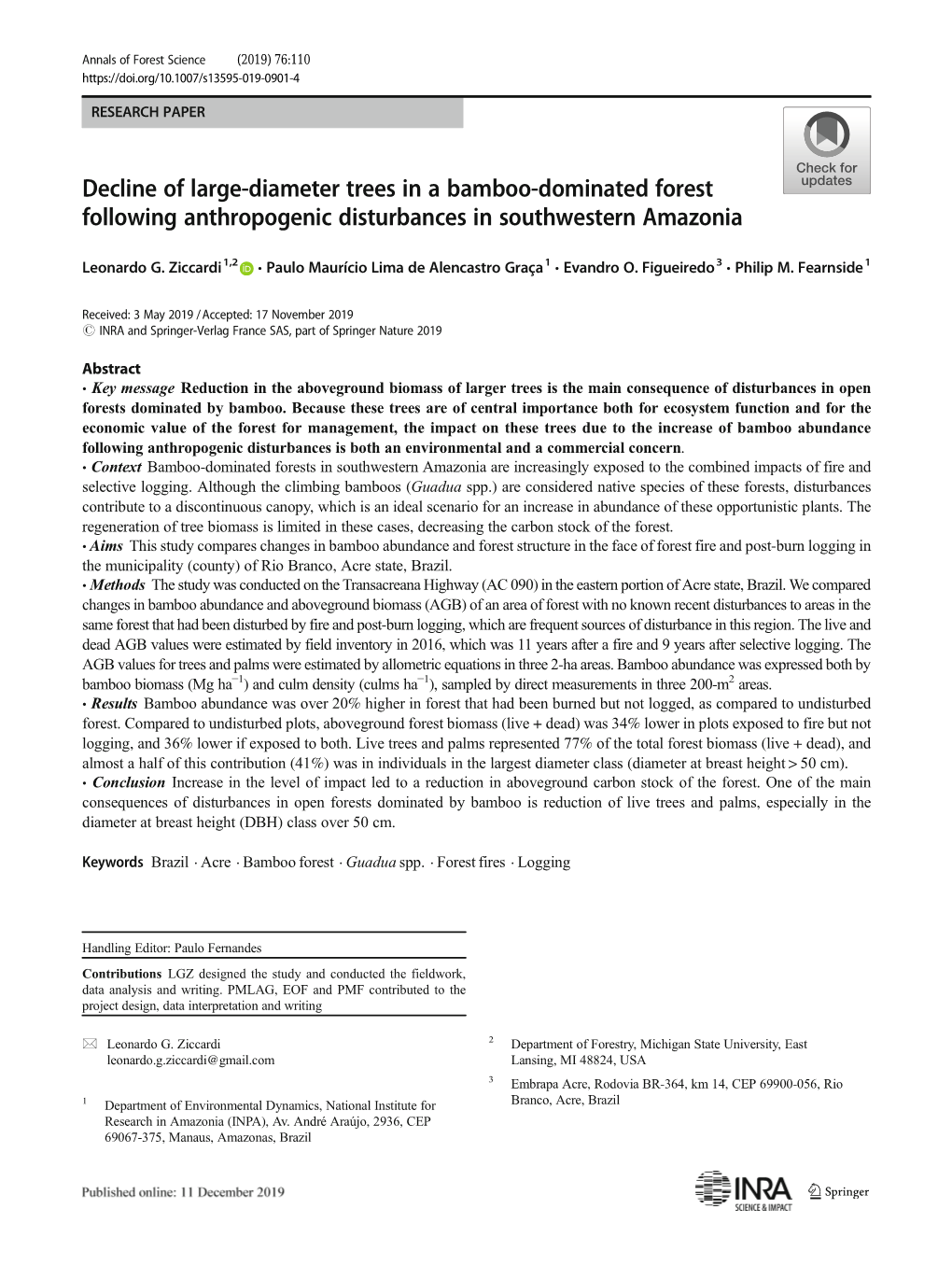 Decline of Large-Diameter Trees in a Bamboo-Dominated Forest Following Anthropogenic Disturbances in Southwestern Amazonia