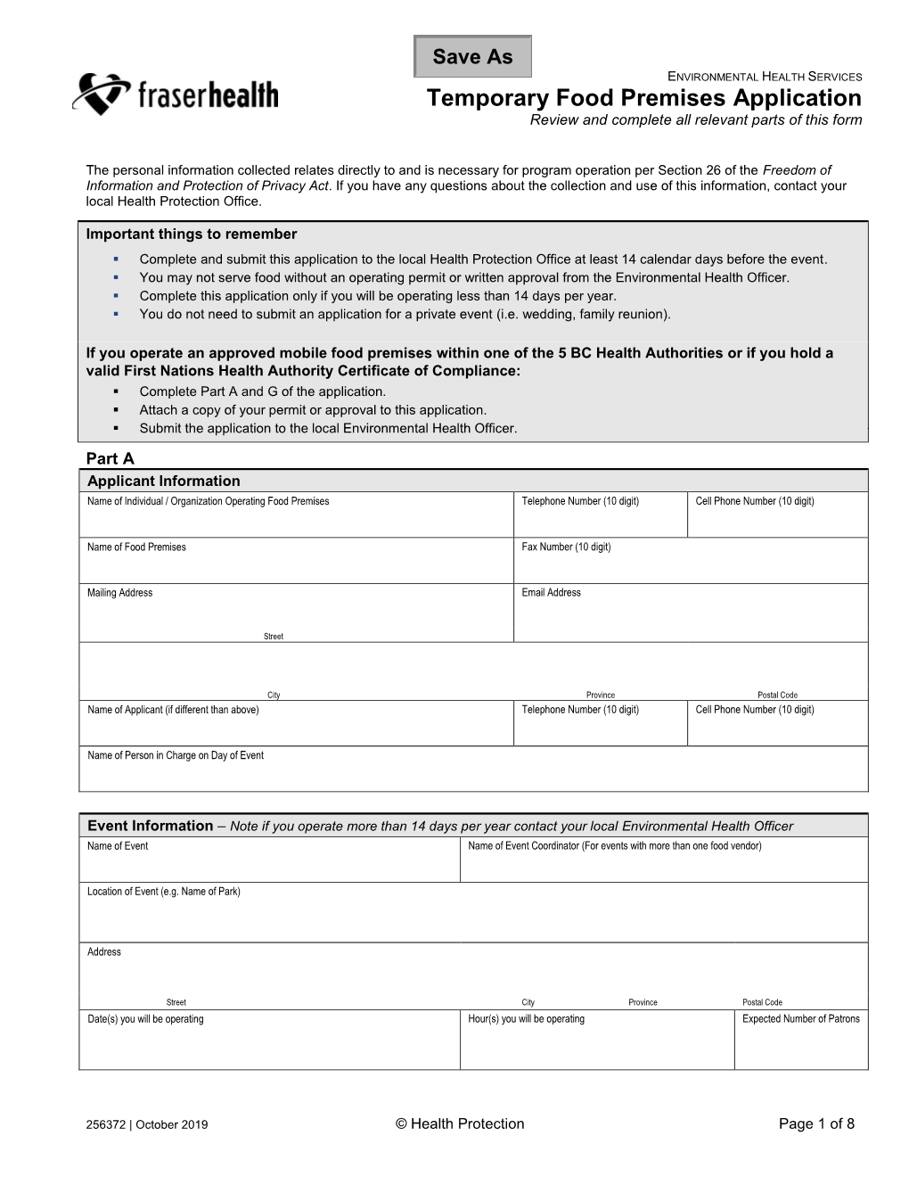 Temporary Food Premises Application Form