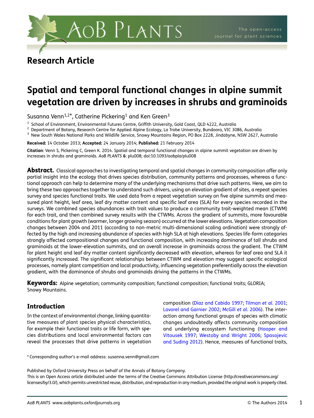 Spatial and Temporal Functional Changes in Alpine Summit Vegetation Are Driven by Increases in Shrubs and Graminoids