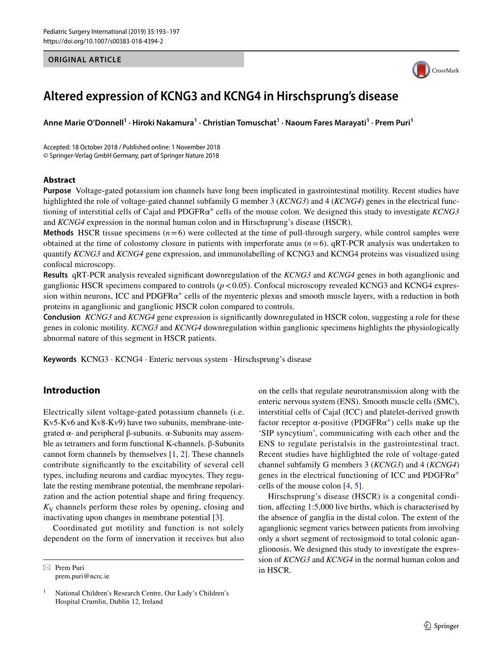 Altered Expression of KCNG3 and KCNG4 in Hirschsprung's Disease
