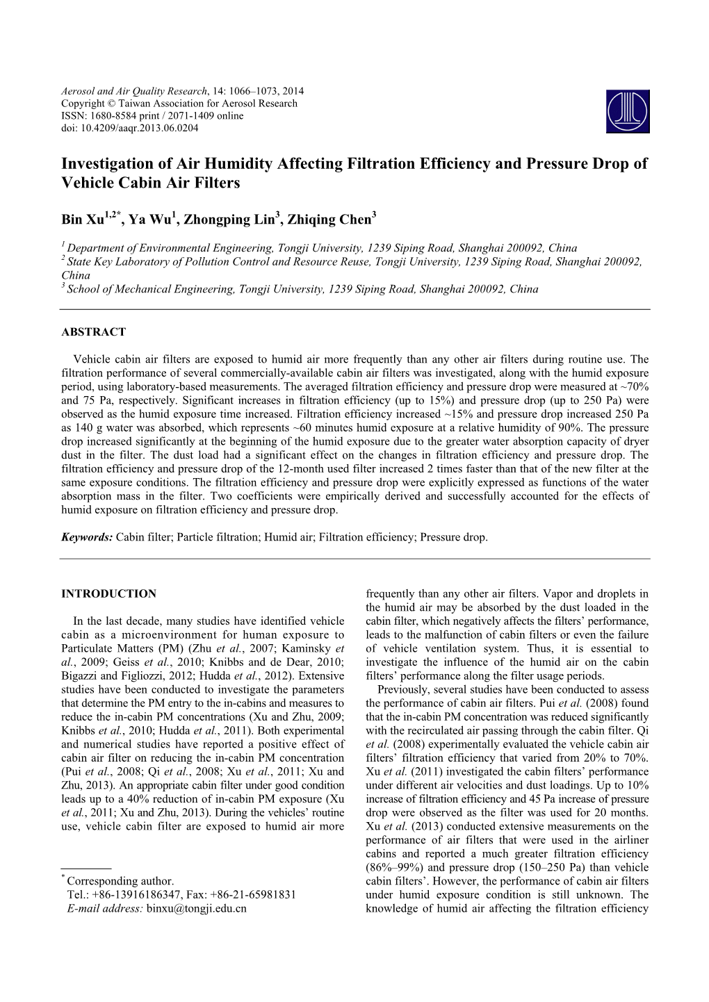 Investigation of Air Humidity Affecting Filtration Efficiency and Pressure Drop of Vehicle Cabin Air Filters