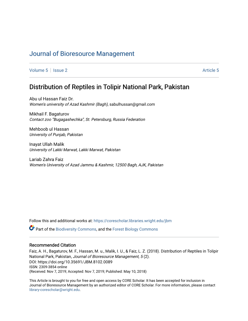 Distribution of Reptiles in Tolipir National Park, Pakistan