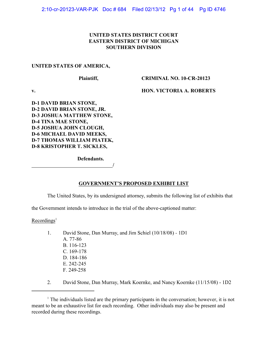 United States District Court Eastern District of Michigan Southern Division