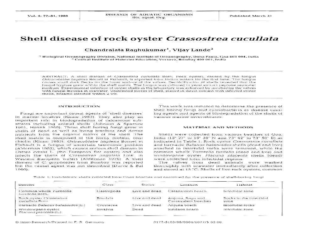 Shell Disease of Rock Oyster Crassostrea Cucullata