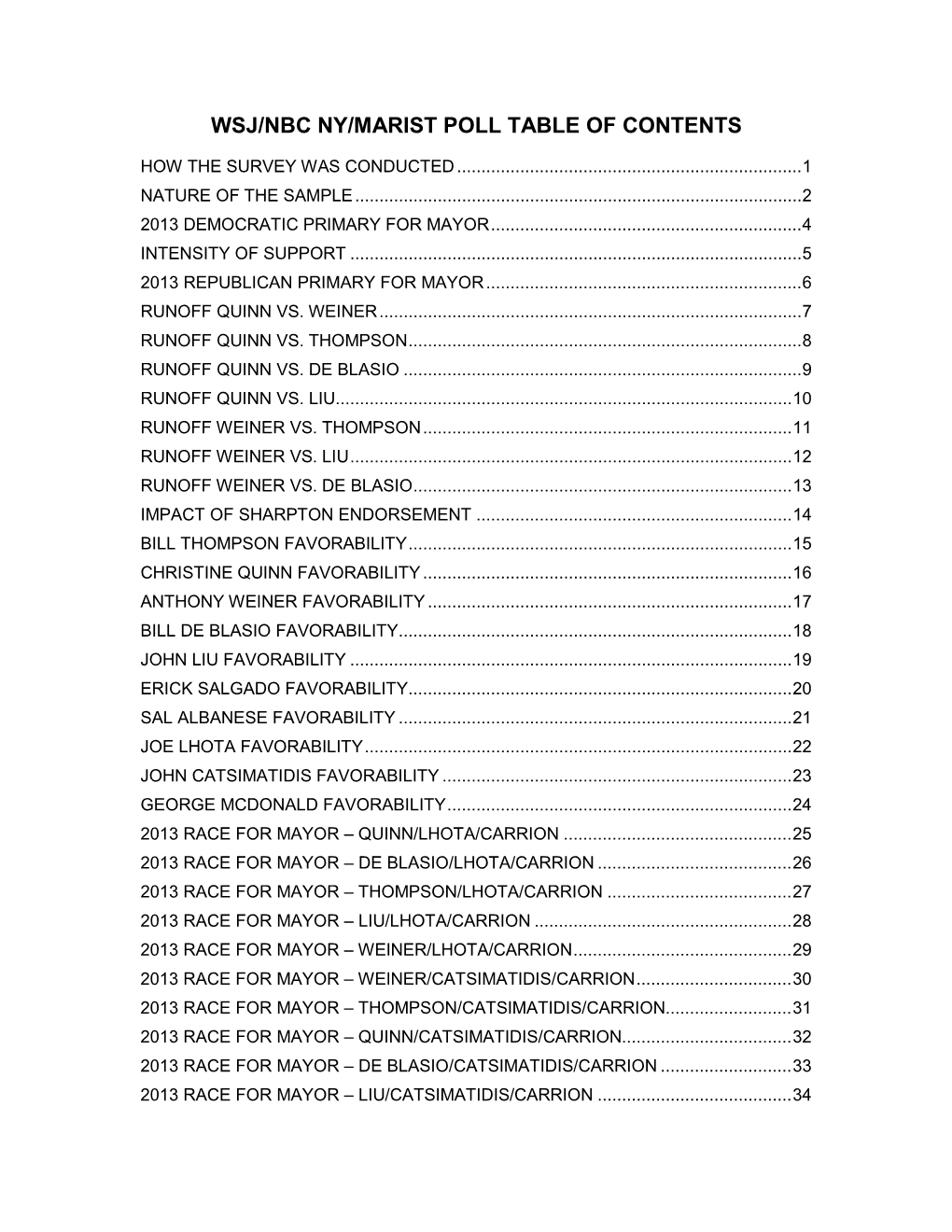 Wsj/Nbc Ny/Marist Poll Table of Contents