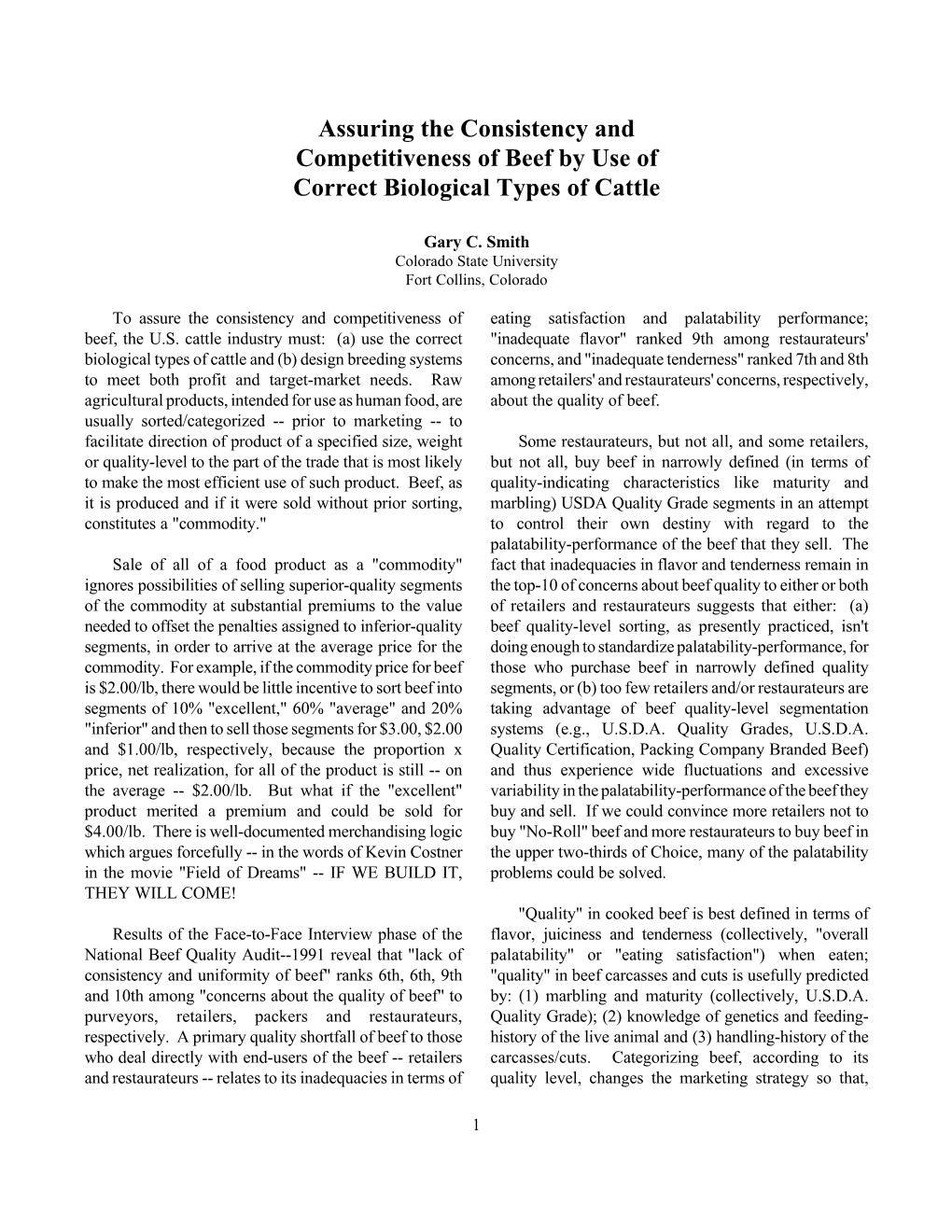 Assuring the Consistency and Competitiveness of Beef by Use of Correct Biological Types of Cattle