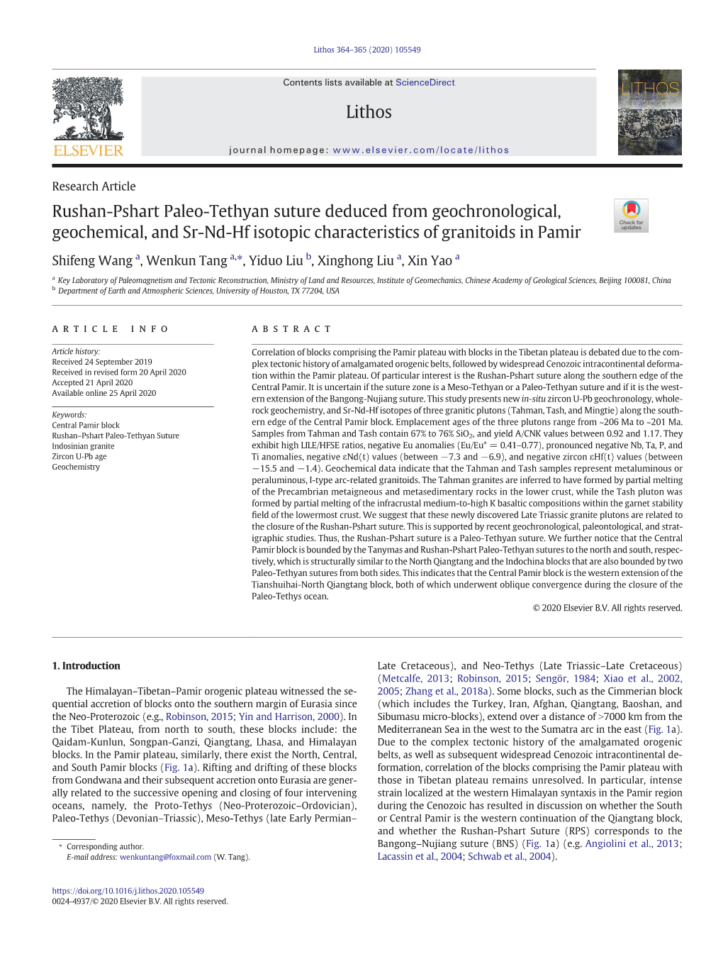 Rushan-Pshart Paleo-Tethyan Suture Deduced from Geochronological, Geochemical, and Sr-Nd-Hf Isotopic Characteristics of Granitoids in Pamir