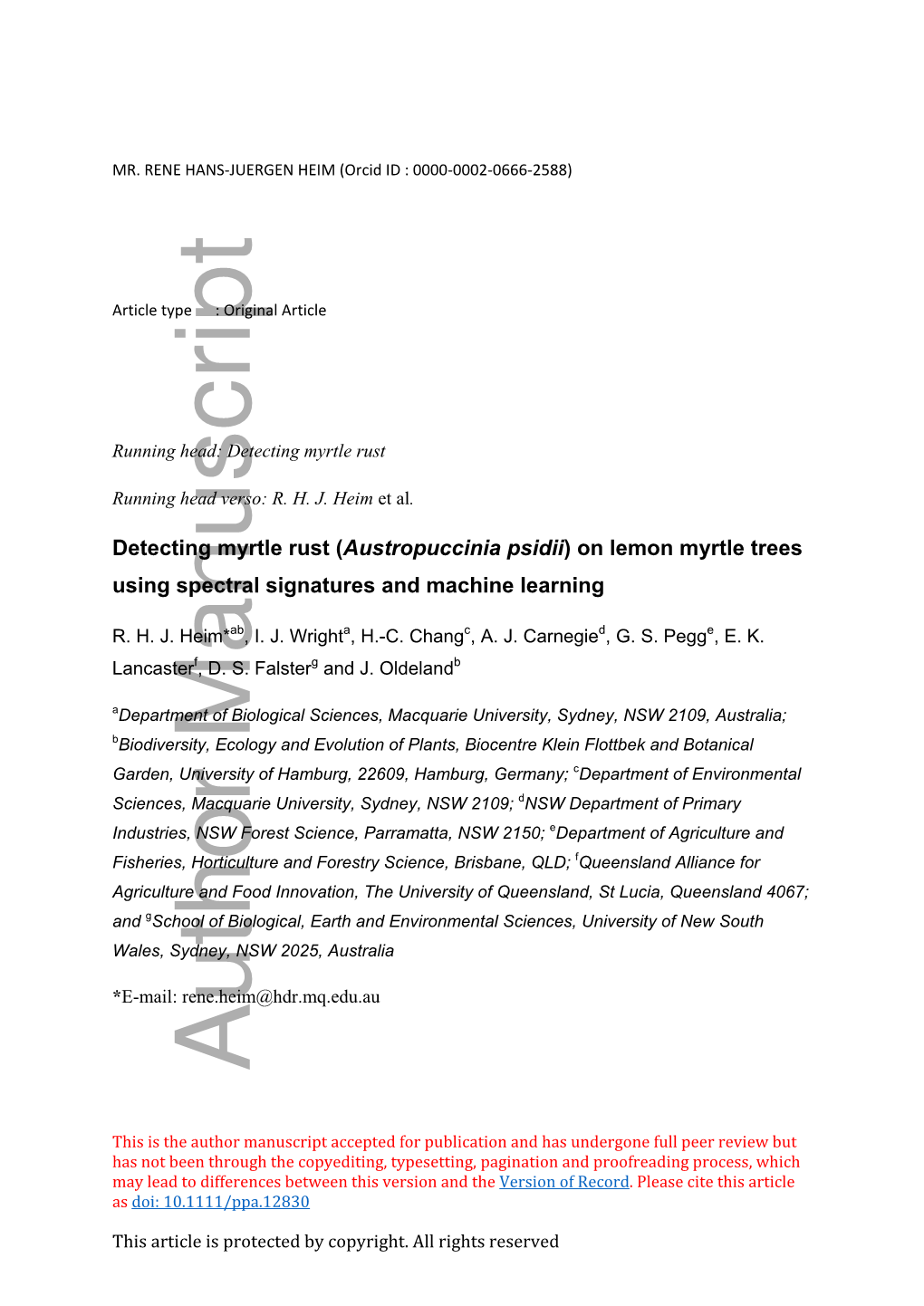 Detecting Myrtle Rust (Austropuccinia Psidii) on Lemon Myrtle Trees Using Spectral Signatures and Machine Learning