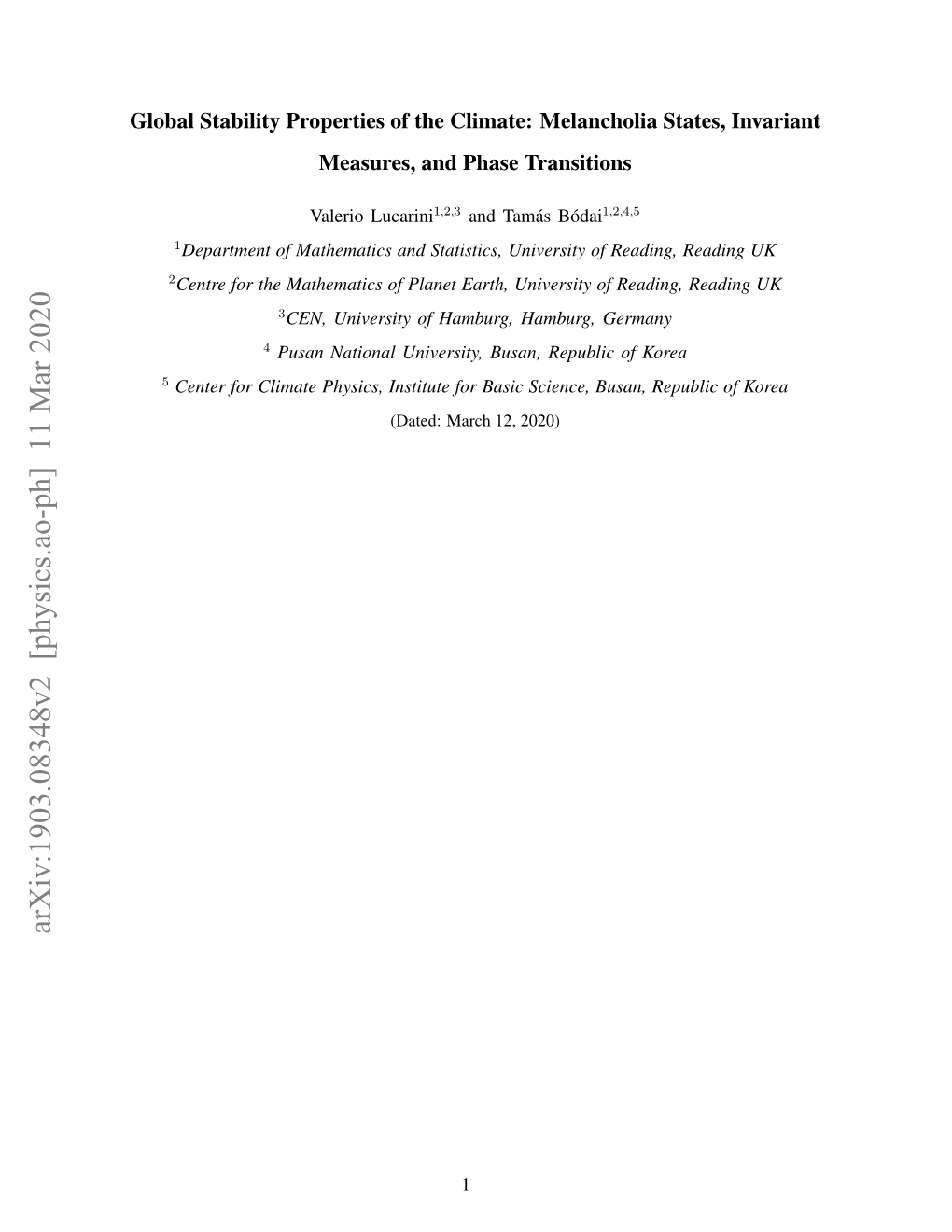 Global Stability Properties of the Climate: Melancholia States, Invariant Measures, and Phase Transitions