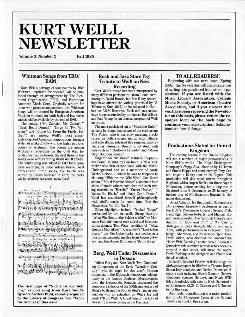 KURT WEILL NEWSLETTER Volume 3 , Number 2 Fall 1985