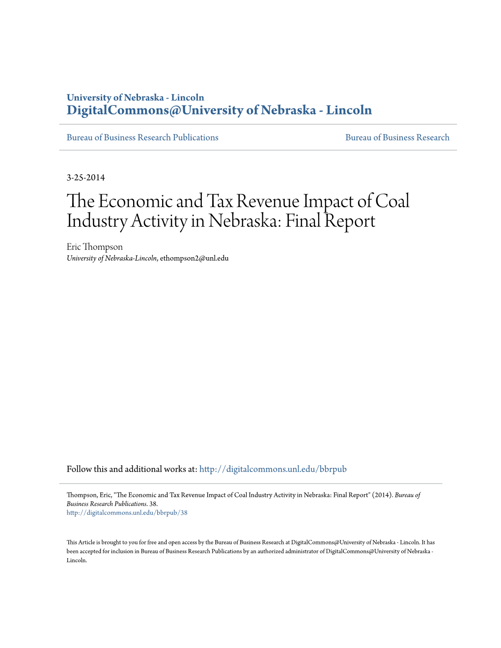 The Economic and Tax Revenue Impact of Coal Industry Activity in Nebraska