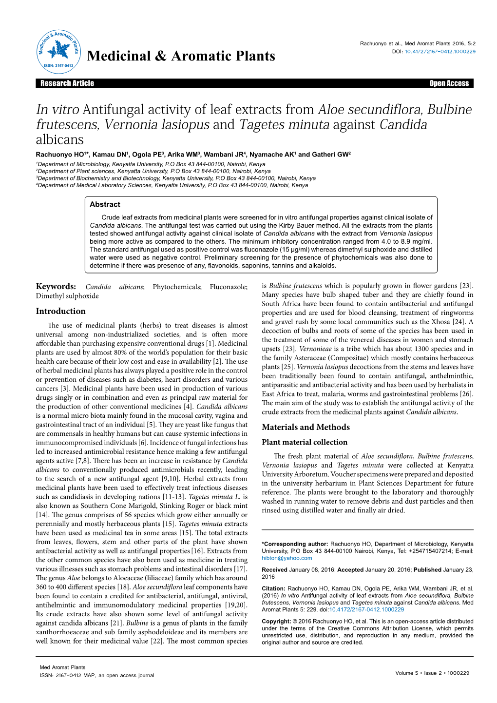 In Vitro Antifungal Activity of Leaf Extracts from Aloe Secundiflora, Bulbine Frutescens, Vernonia Lasiopus and Tagetes Minuta A