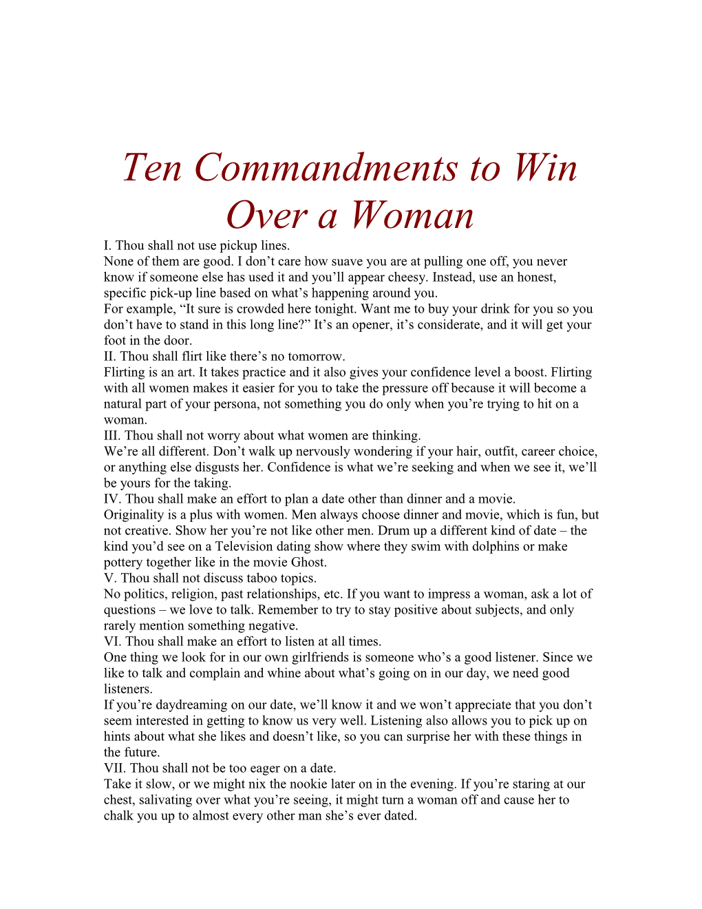 Ten Commandments to Win Over a Woman