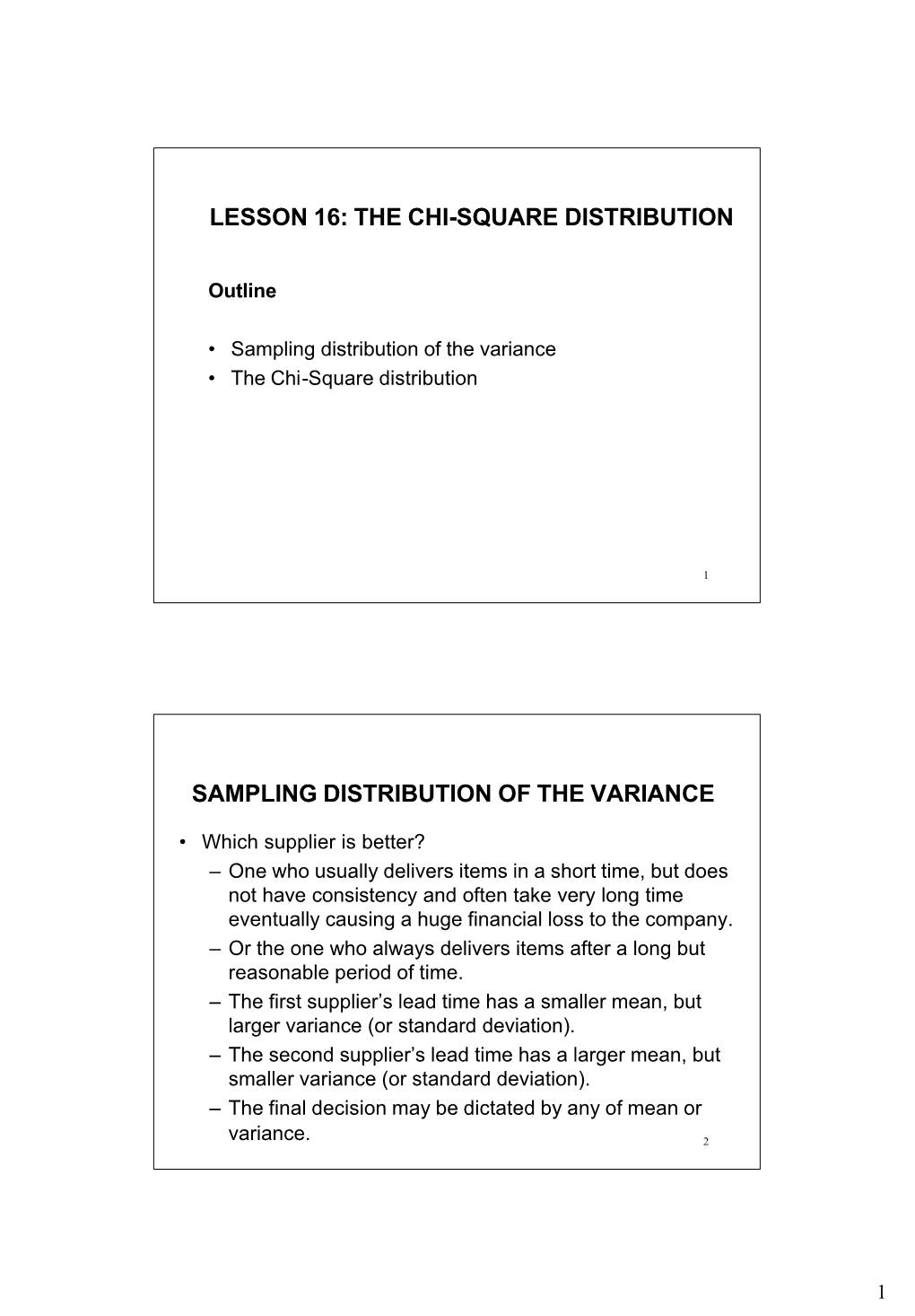 Lesson 16: the Chi-Square Distribution Sampling