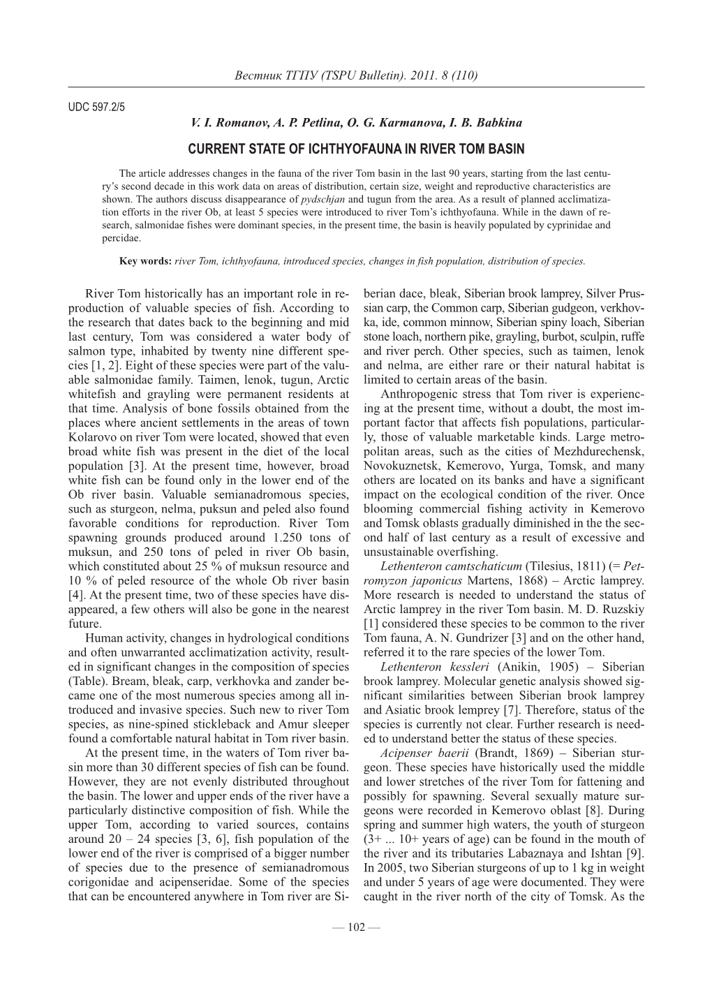 Current State of Ichthyofauna in River Tom Basin