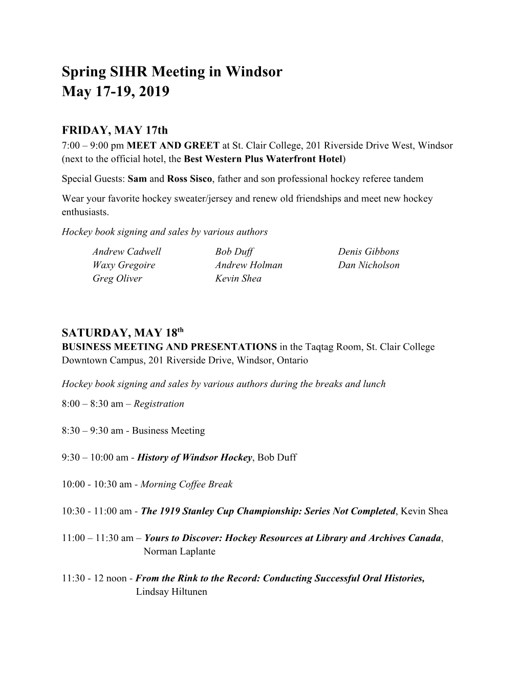 Spring SIHR Meeting in Windsor May 17-19, 2019