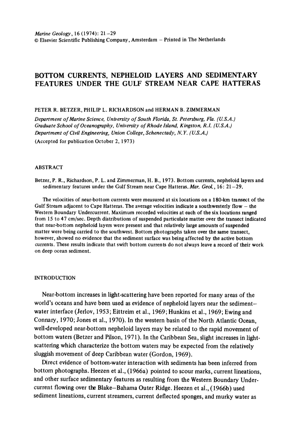 Marine Geology, 16 (1974): 21-29 Department of Marine Science