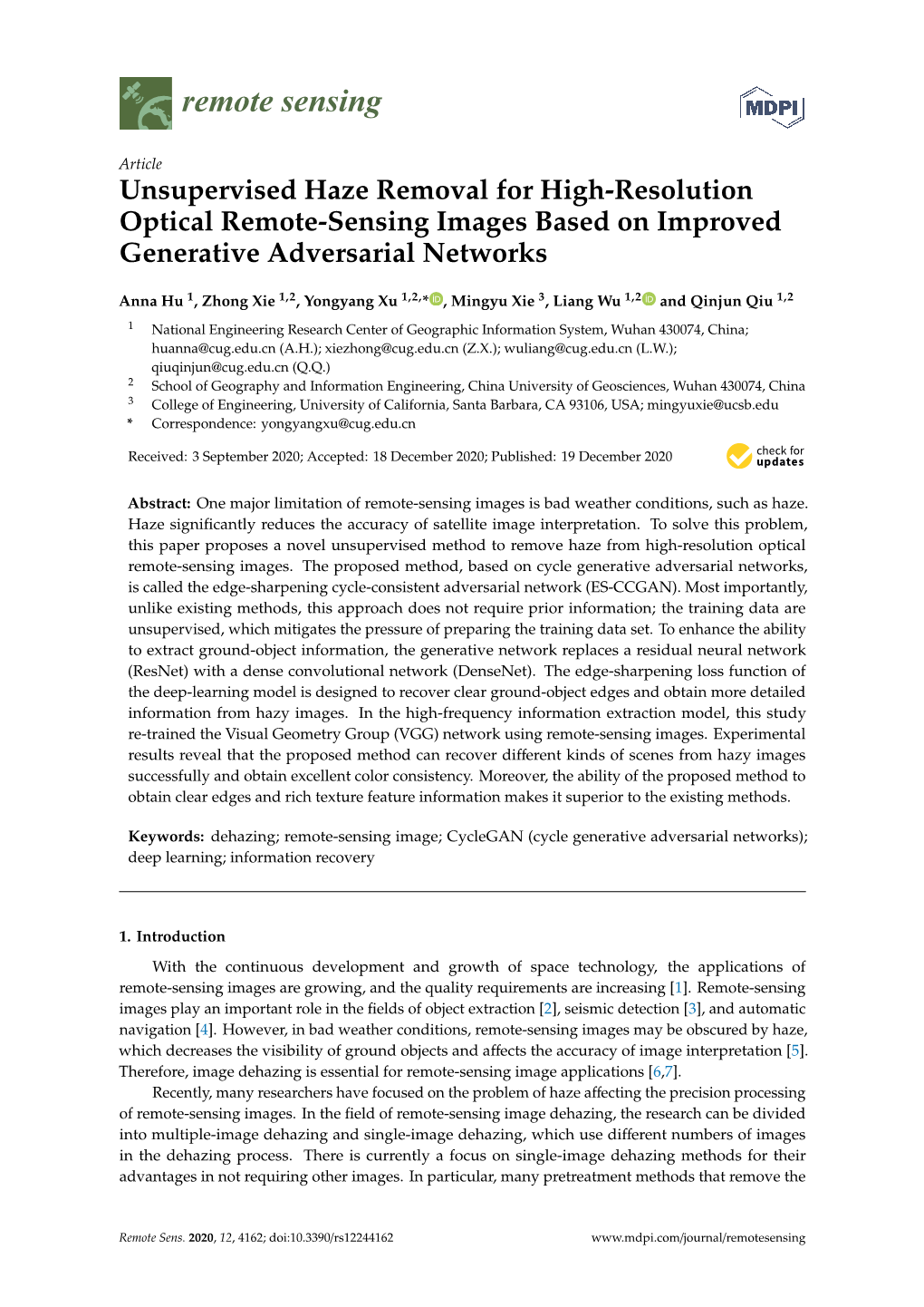 Unsupervised Haze Removal for High-Resolution Optical Remote-Sensing Images Based on Improved Generative Adversarial Networks